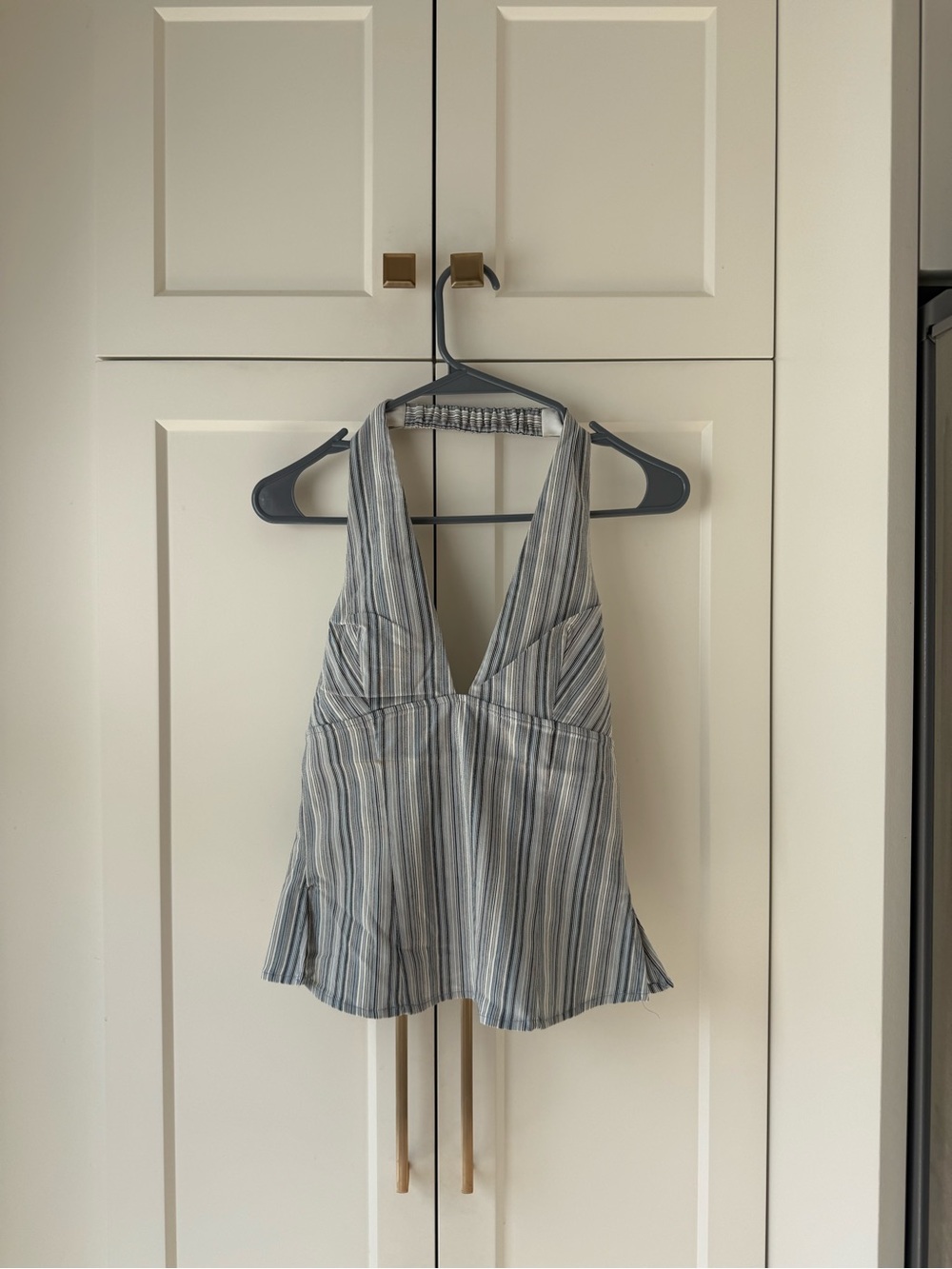 Bershka Blue and White Striped Halter V-Neck Top